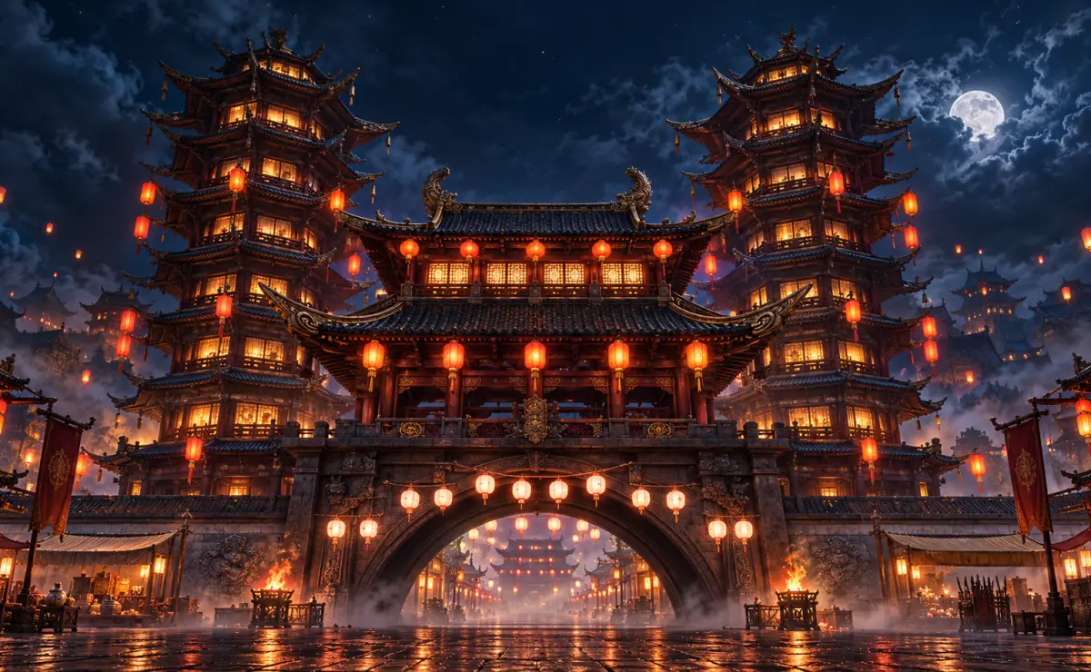 The lantern-lit gates and pagodas of Qingdao by moonlight